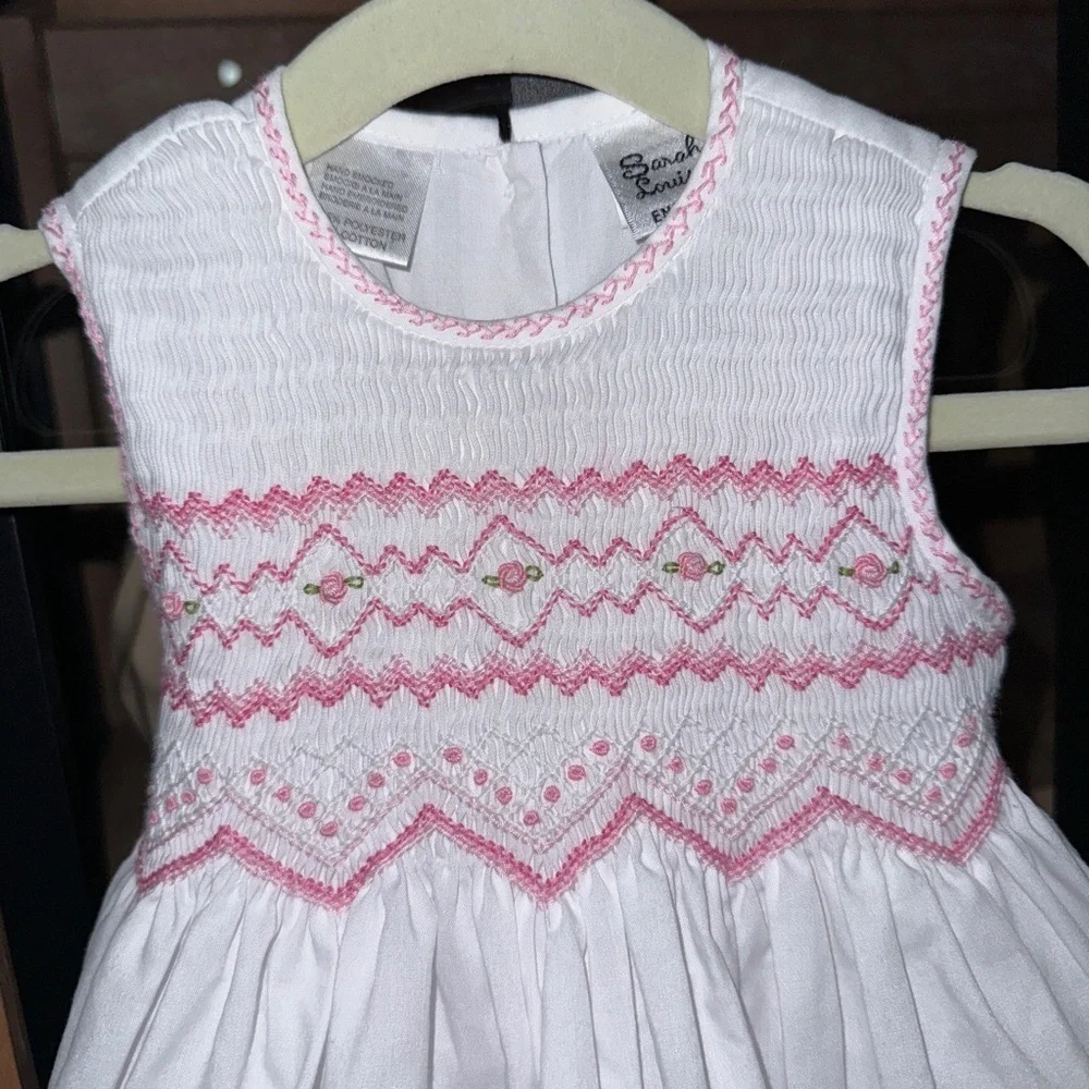 Sarah Louise hand smocked rosettes embroidered dress heirloom baby girl bow